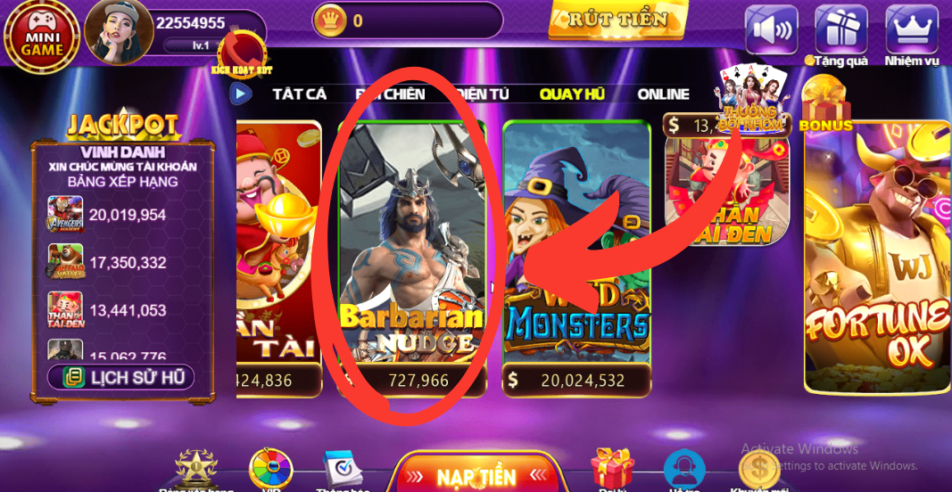 Chọn Barbarian Nudge trong mục Quay Hũ của 68 Game Bài.